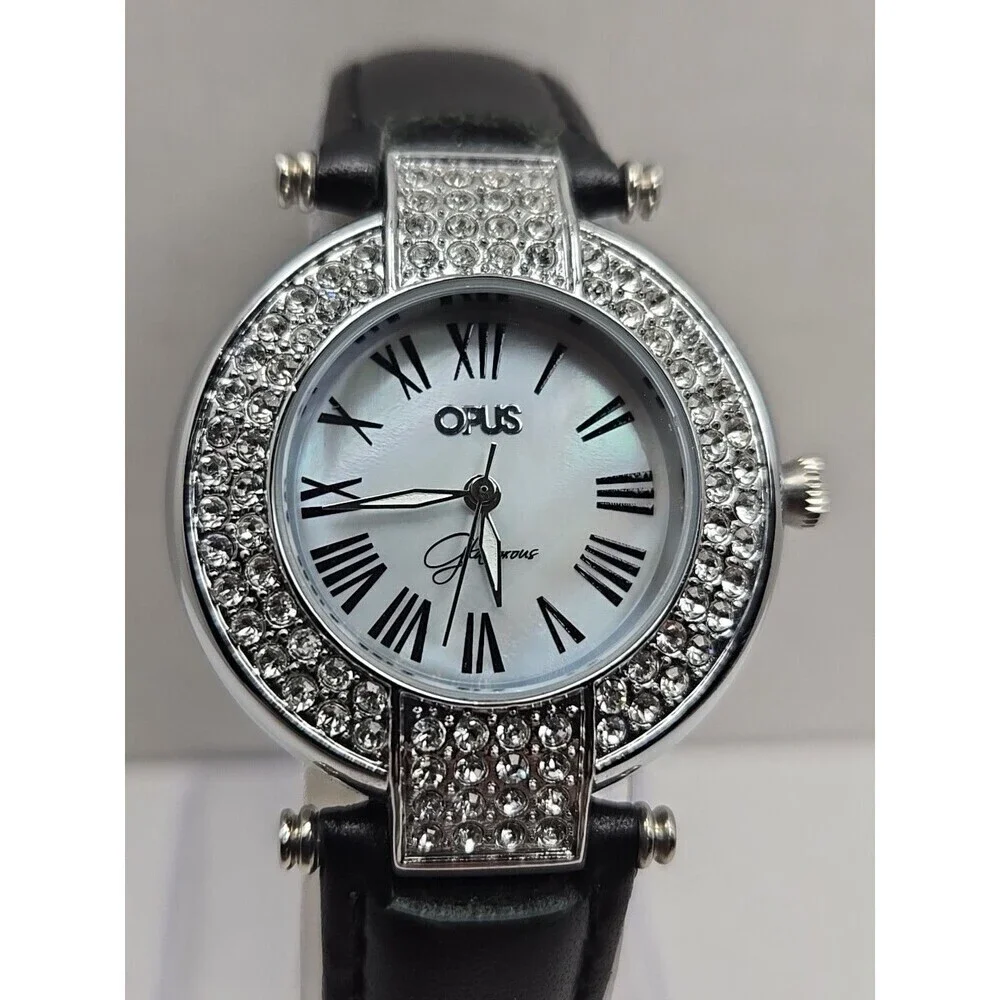 Opus Glamorous Womens Watch MOP 36mm Pave Crystal Black Leather New Battery